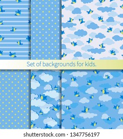 Birds of the titmouse in cloudy sky and  peas on light blue background. Seamless patterns. Set. Design for baby textiles, background image for packaging materials. Cartoon style.