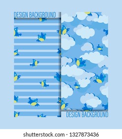 Birds of the titmouse. Cloudy sky. Seamless patterns. Design for baby textiles, background image for packaging materials. Cartoon style.
