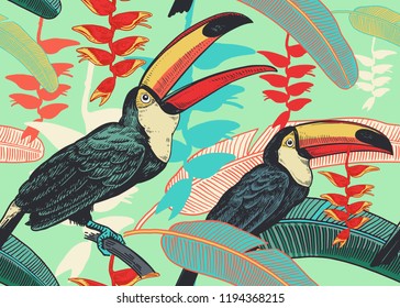 Birds toucans on background of tropical leaves and flowers. Floral seamless pattern for design paper, wallpaper, textile. Vector illustration of nature. Vintage. Hand drawing of the wild world.