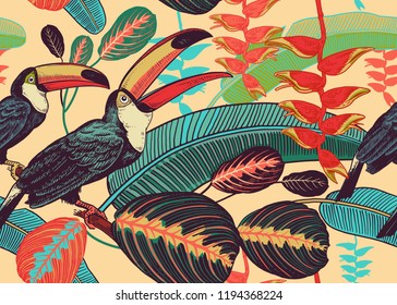 Birds toucans on background of tropical leaves and flowers. Floral seamless pattern for design paper, wallpaper, textile. Vector illustration of nature. Vintage. Hand drawing of the wild world.