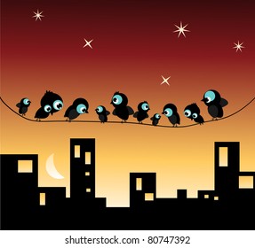 birds in town on wire