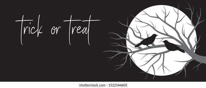 birds, tree branch and full moon, vector