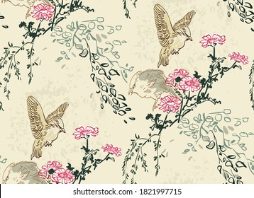 birds tree branch nature landscape view vector sketch illustration japanese chinese oriental line art ink seamless