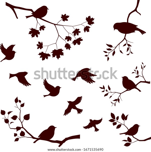 Birds Tree Branch Set Stock Vector Royalty Free Shutterstock