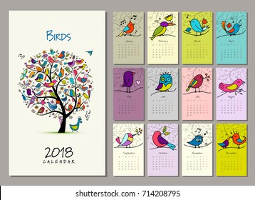 Birds tree, calendar 2018 design Vector illustration