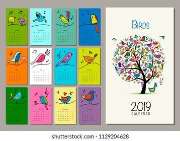 Birds and tree, calendar 2019 design