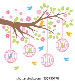 Birds and tree colorful vector illustration, white background.