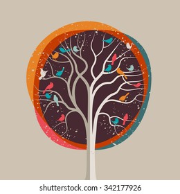 Aves en un árbol, ilustración vector eps10
