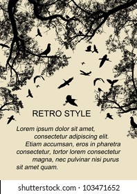 Birds in the tree and flying on retro style background, vector illustration