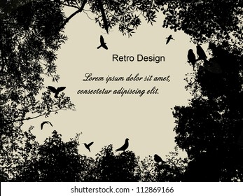 Birds in the tree and flying on retro style background, vector illustration