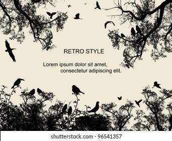 Birds in the tree and flying on retro style background, vector illustration