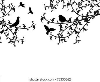 Birds in the tree and flying, vector illustration