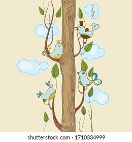 Birds tree greeting card. Colorful cute cartoon birds decorating a tree trunk