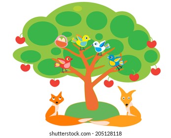 Birds tree, birds nest with eggs, red apple on a three, fox sitting below. Summer or autumn season. Cartoon illustration, isolated on white.