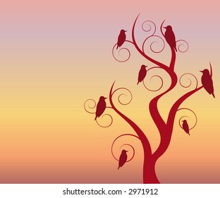 birds in  tree at twilight/dawn vector