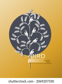 BIRDS. Tree. Vector graphic icon, sign. Design for creative digital project, companies. Golden bird.