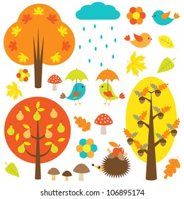  Birds and trees in autumn. Vector set