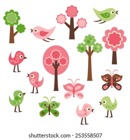 Birds, trees, and butterflies. Vector graphic.