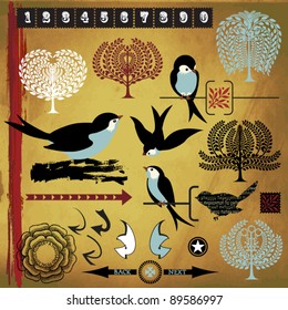 Birds, Trees and Design Elements, plus a festive gold background with grunge border
