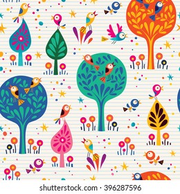 birds in the trees nature seamless pattern with lined paper background