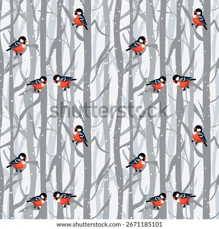 Birds in trees in winter.Vector seamless pattern with bright birds on gray trees in snowfall.