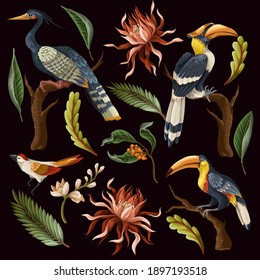 Birds and tropical leaves and flowers isolated. Vector