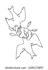 Birds and twig with leaves. Hand drawn linear illustration. Black and white vector