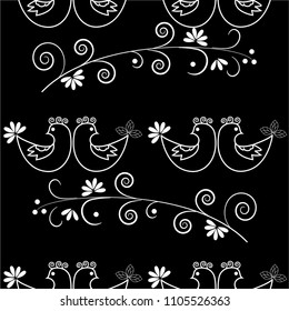 Birds and twig seamless pattern. Fashion white graphic on black background. Modern stylish abstract texture. Design monochrome template for prints, textile, wrapping, wallpaper. Vector illustration