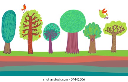 Birds under cartoon trees