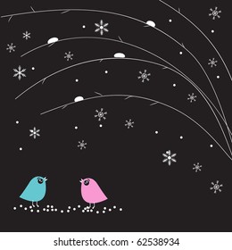 Birds under snow. Christmas card