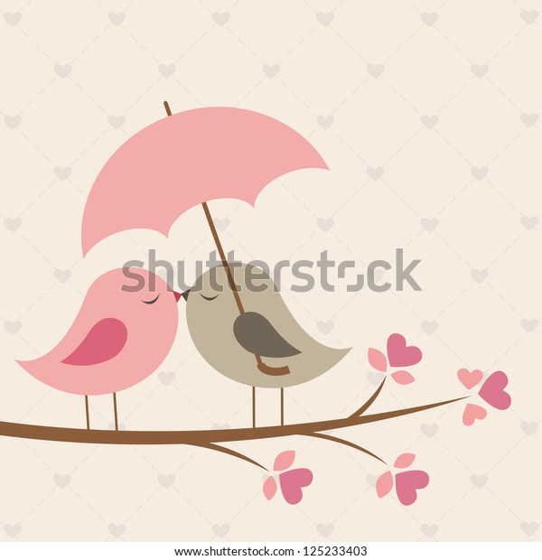 Birds under umbrella. Romantic vector wallpaper. 