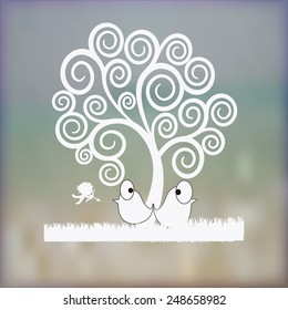 birds upset under a tree and cupid  over blur background