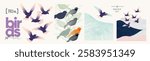 Birds. Vector abstract modern illustrations of birds in flight and sitting on tree for poster, flyer, brochure, cover or background