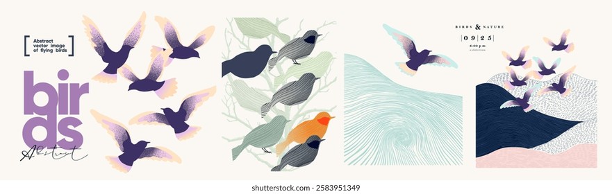 Birds. Vector abstract modern illustrations of birds in flight and sitting on tree for poster, flyer, brochure, cover or background