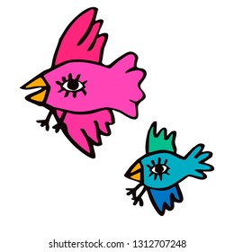 Birds vector doodle illustration on white cartoon crows ethnic hand drawn flat childish birds crown drawn doodle style birds doodle hand drawn illustration cute funny birds with big eyes bright 
