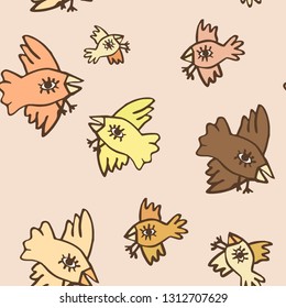 Birds vector doodle illustration seamless pattern cartoon hand drawn flat childish birds crown drawn doodle style birds doodle hand drawn illustration cute funny birds with big eyes bright 
