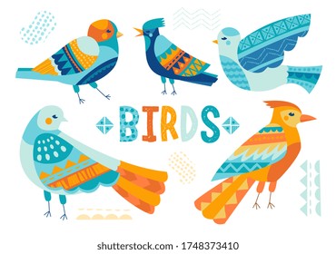 Birds vector illustration in cut out of paper style. Various species of small birds in festive bright colors, small additional design elements and the word Birds isolated on white background