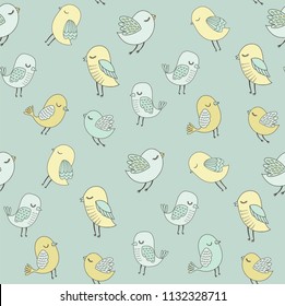 Birds vector pattern in delicate pastel colors. Doodle birds seamless background.