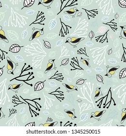 Birds Vector repeat pattern. black,white    and yellow birds,leaves and sprigs on a Pastel Dusty green background.Ideal for baby and nursery products,nursery wall paper,nature themed interior fabrics 