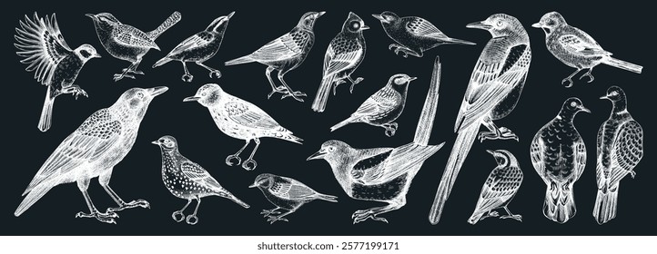 Birds vector sketches. Magpie, dove, sparrow, great tit, raven - wild birds isolated on chalkboard. Hand drawn wildlife illustrations. NOT AI generated