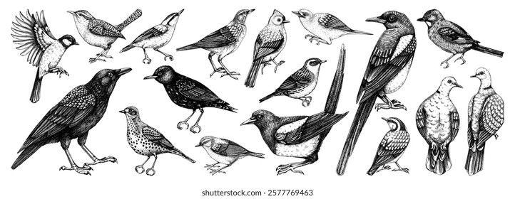 Birds vector sketches. Magpie, dove, sparrow, great tit, raven - backyard birds isolated on white background. Hand drawn wildlife illustrations. NOT AI generated