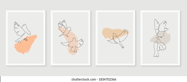 Birds wall art vector set. Earth tones animal line arts backgrounds with freedom and life concept.  Abstract Arts design for print, cover, wallpaper, Minimal and  natural wall art.