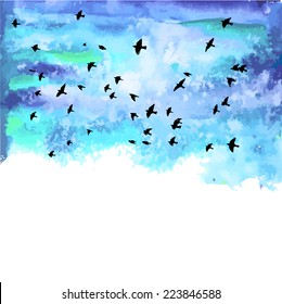 Birds and watercolor blue clouds. Vector