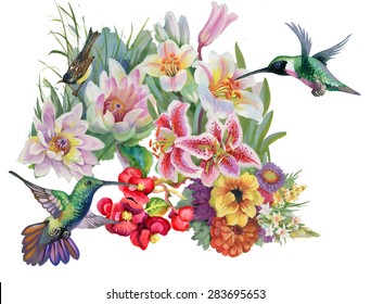 Birds with watercolor garden flowers pattern on white background vector illustration