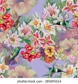 Birds with watercolor garden flowers seamless pattern on violet background vector illustration