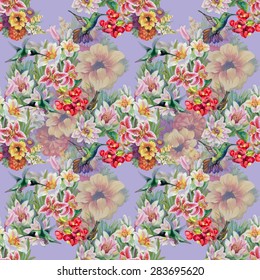 Birds with watercolor garden flowers seamless pattern on violet background vector illustration