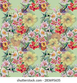 Birds with watercolor garden flowers seamless pattern on green background vector illustration