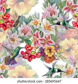 Birds with watercolor garden flowers seamless pattern on white background vector illustration