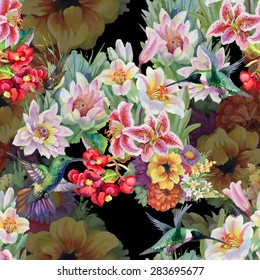 Birds with watercolor garden flowers seamless pattern on black background vector illustration