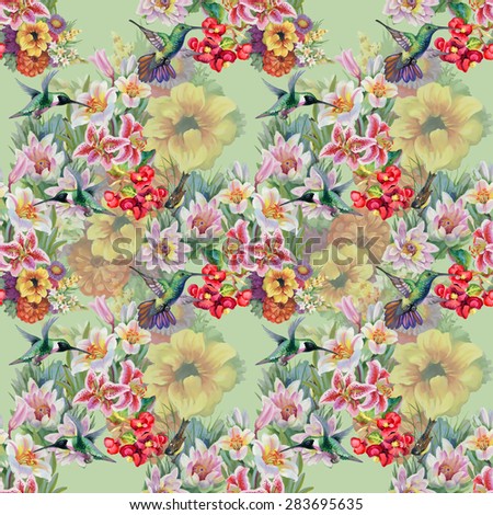 birds watercolor garden flowers